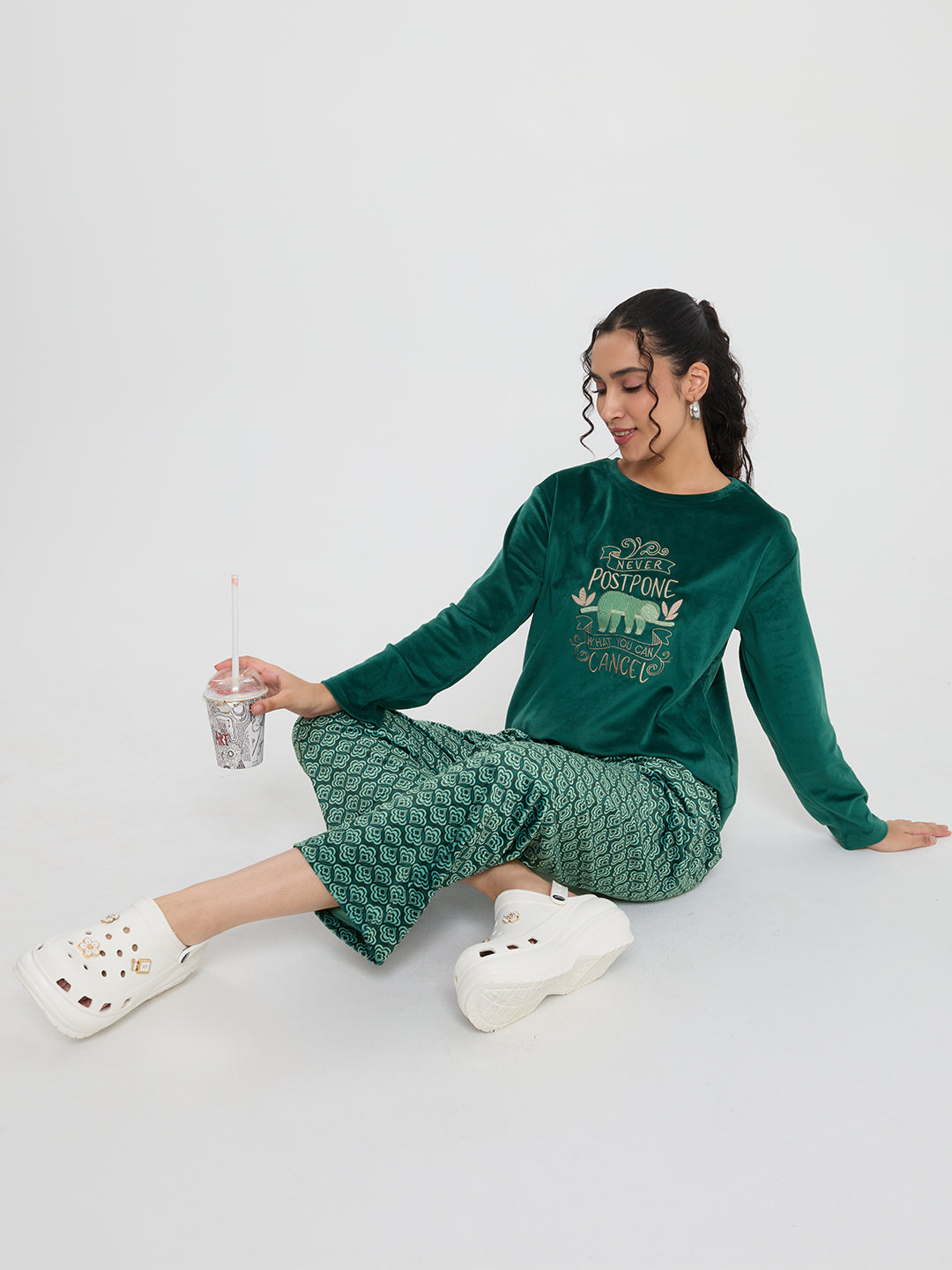 Women Green Embroidered Round Neck Full Sleeve Lower Set