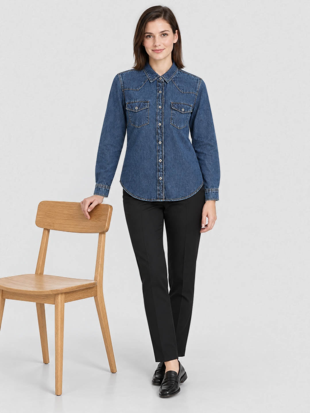 Women Blue Solid Front Open Full Sleeve Denim Shirt