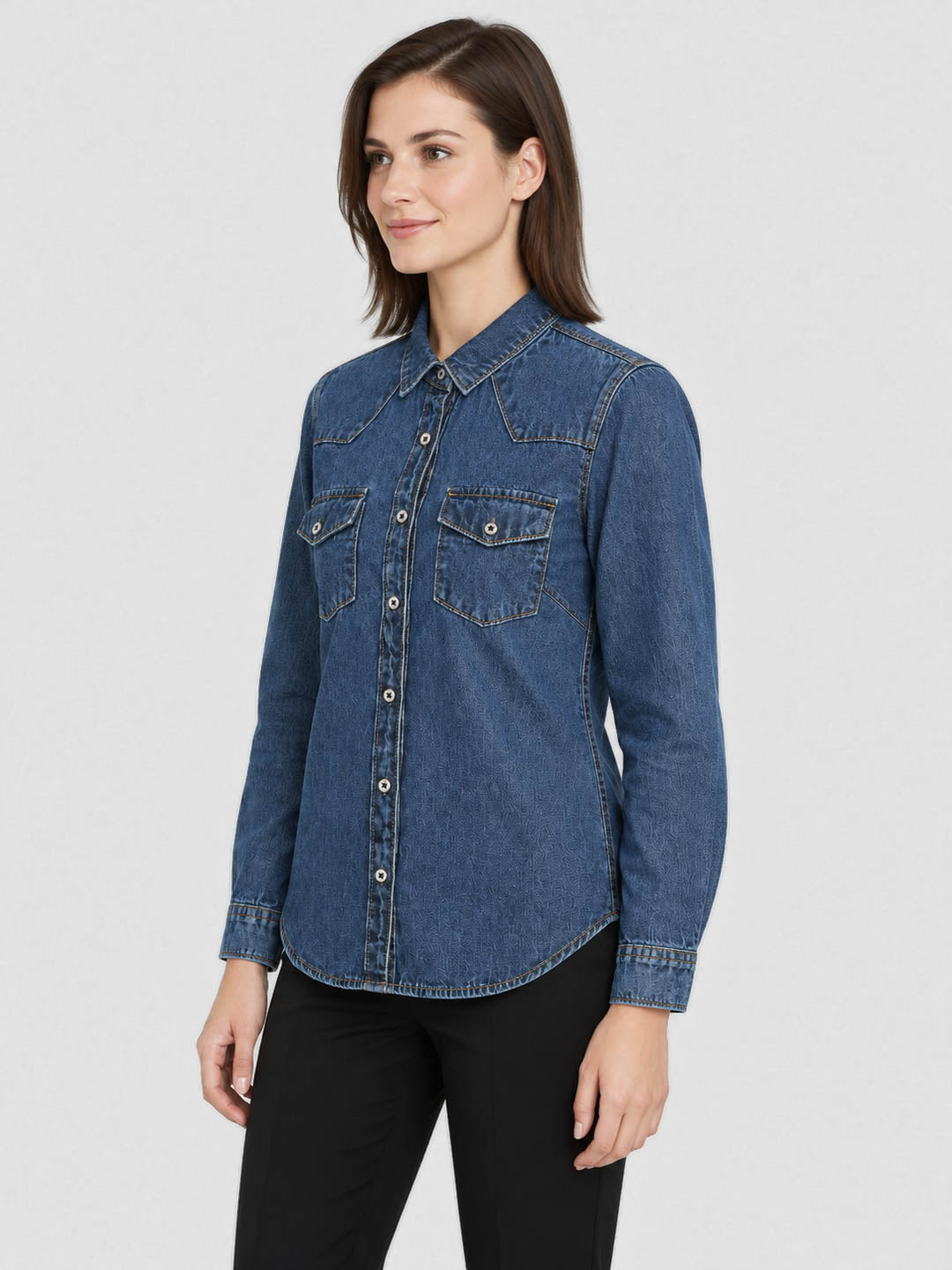 Women Blue Solid Front Open Full Sleeve Denim Shirt