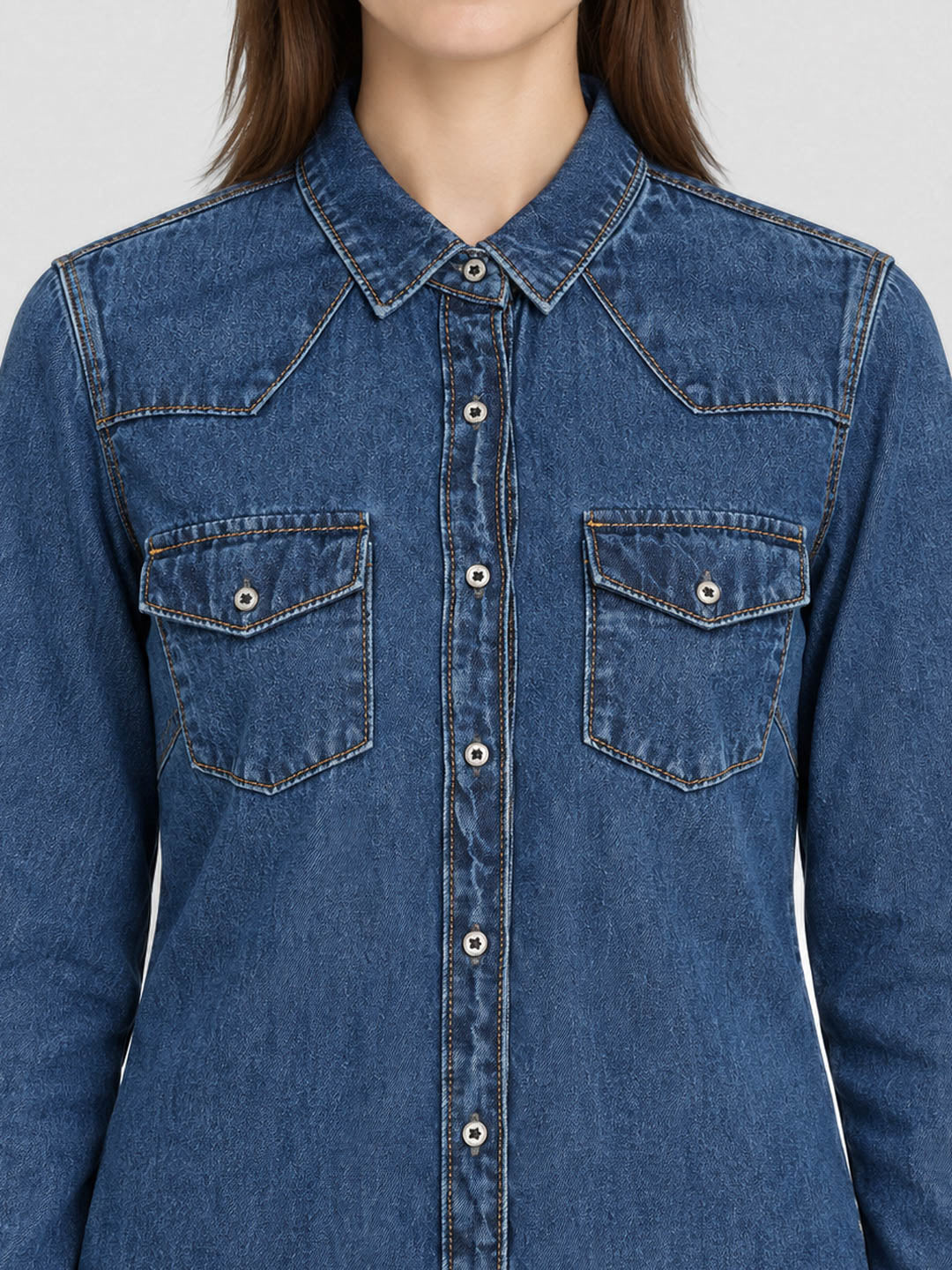 Women Blue Solid Front Open Full Sleeve Denim Shirt