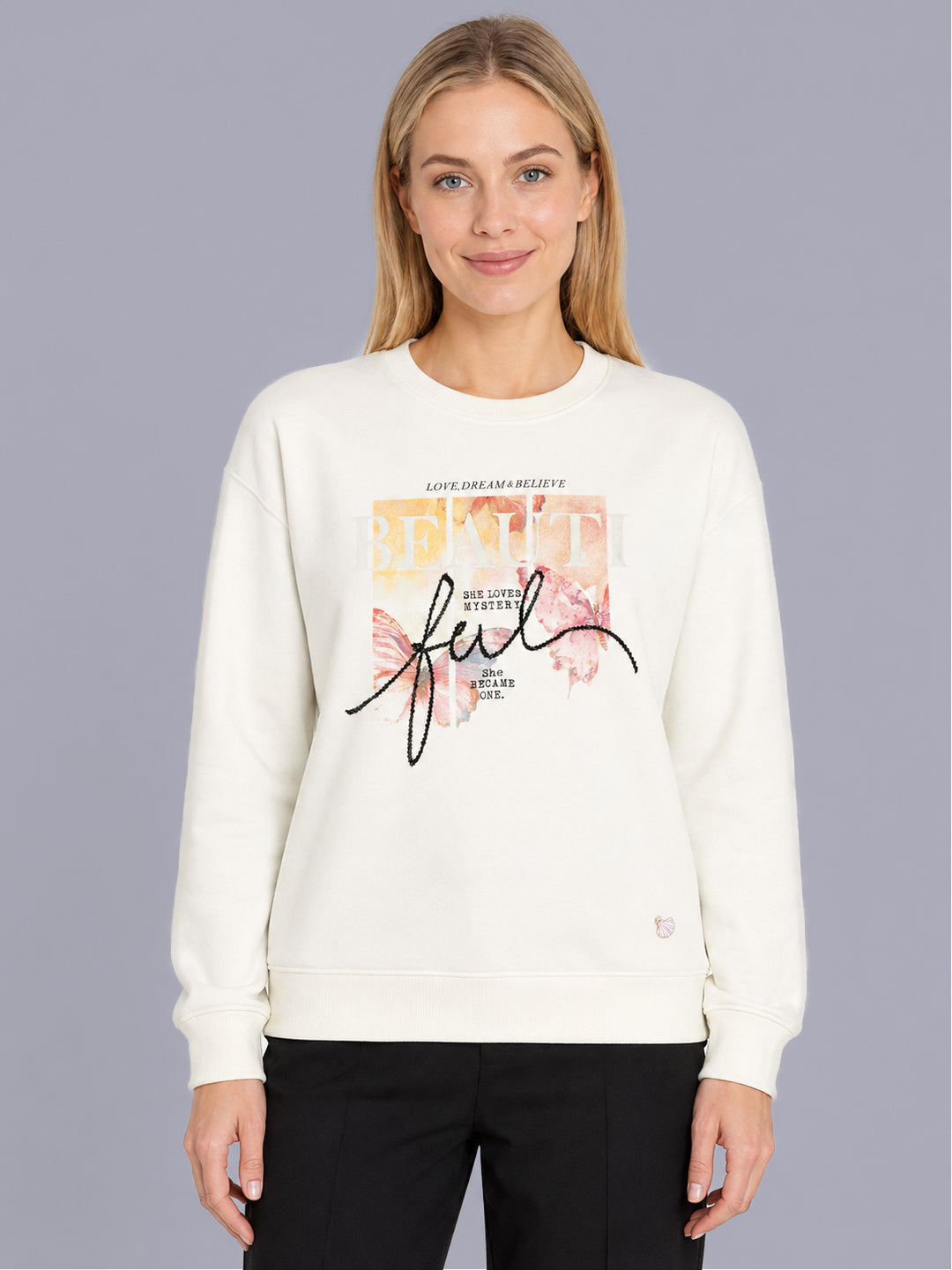 Women Off White Printed Round Neck Full Sleeve Sweatshirt