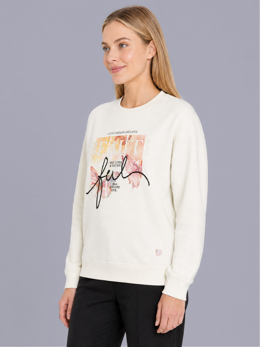 Women Off White Printed Round Neck Full Sleeve Sweatshirt