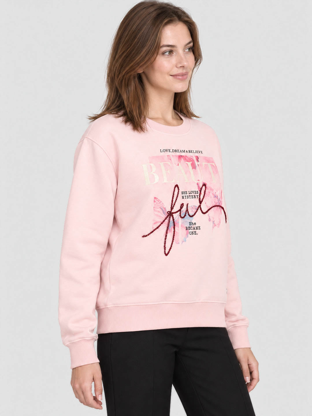 Women Pink Printed Round Neck Full Sleeve Sweatshirt