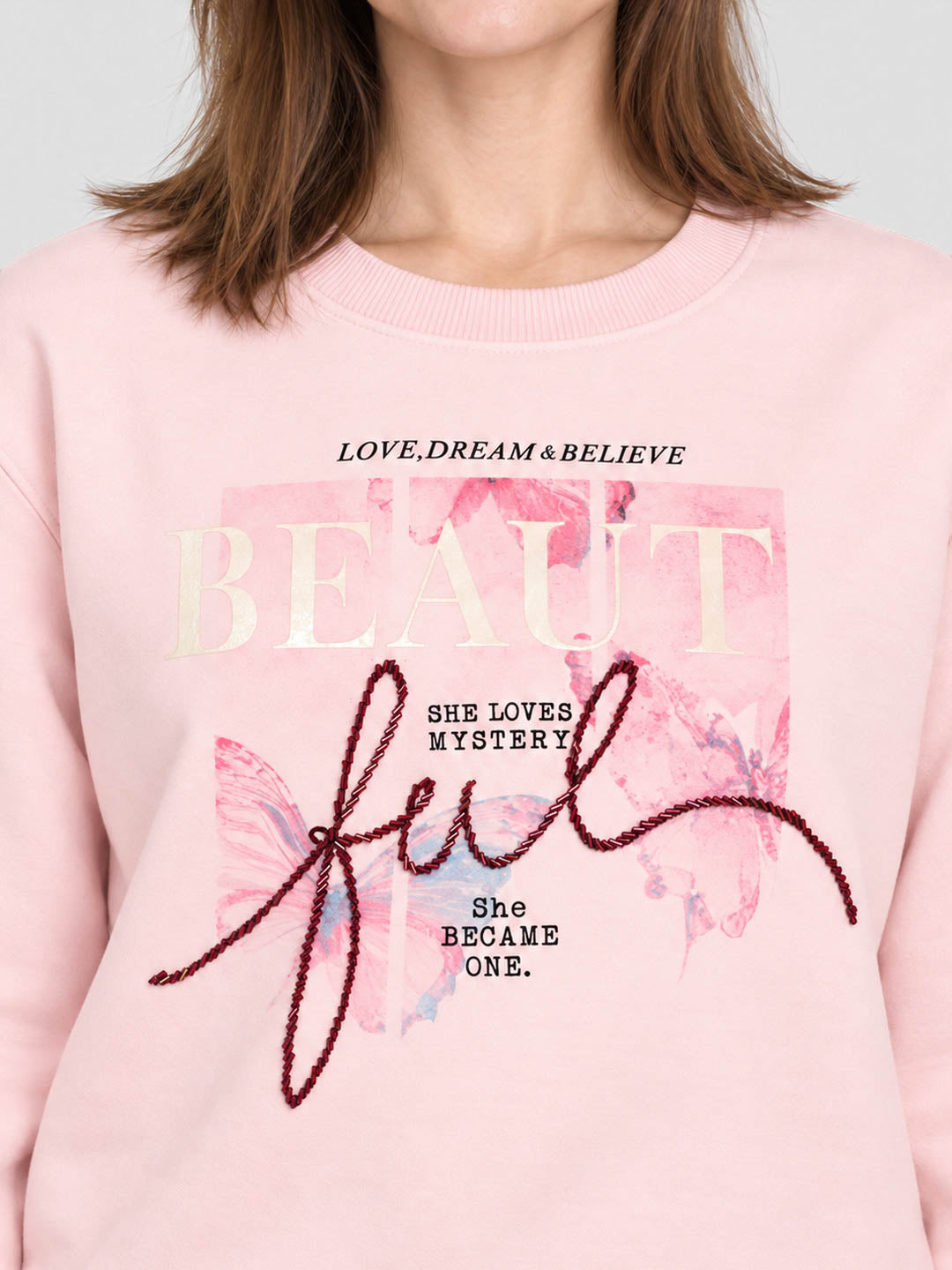 Women Pink Printed Round Neck Full Sleeve Sweatshirt