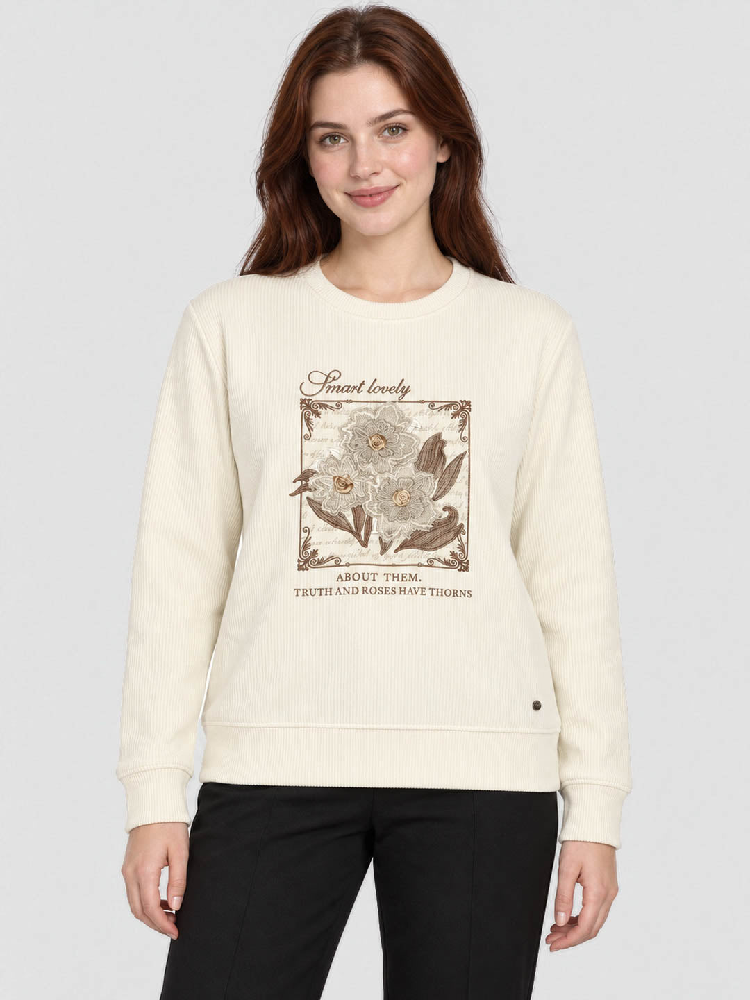 Women Cream Self Design Round Neck Full Sleeve Sweatshirt
