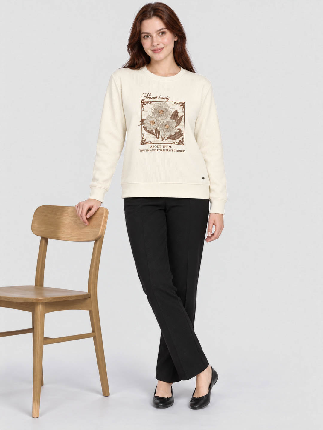 Women Cream Self Design Round Neck Full Sleeve Sweatshirt