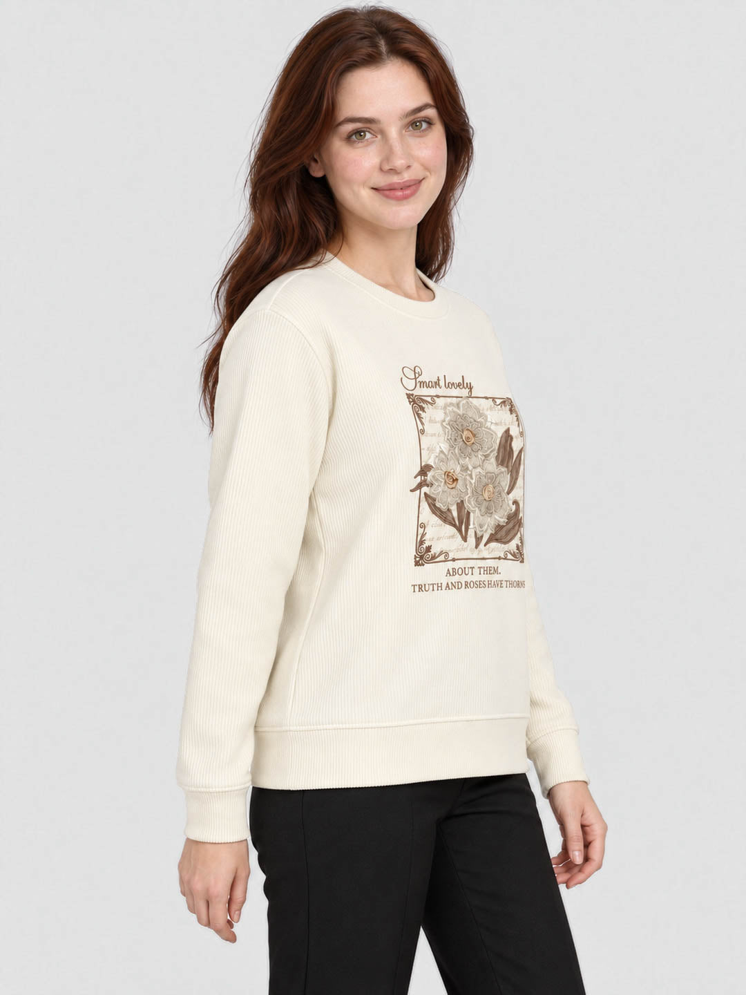 Women Cream Self Design Round Neck Full Sleeve Sweatshirt