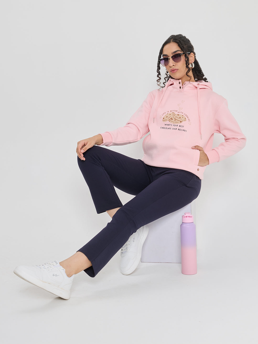 Women Pink Back Printed Hooded Full Sleeve Sweatshirt