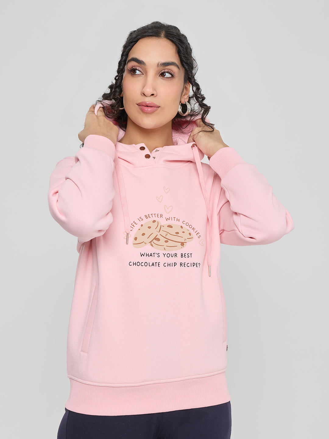 Women Pink Back Printed Hooded Full Sleeve Sweatshirt