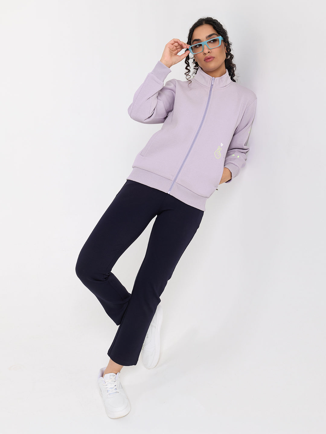 Women Purple Back Printed Turtle Neck Full Sleeve Sweatshirt