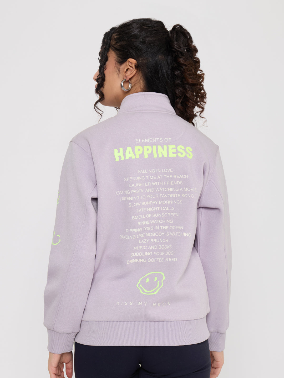 Women Purple Back Printed Turtle Neck Full Sleeve Sweatshirt