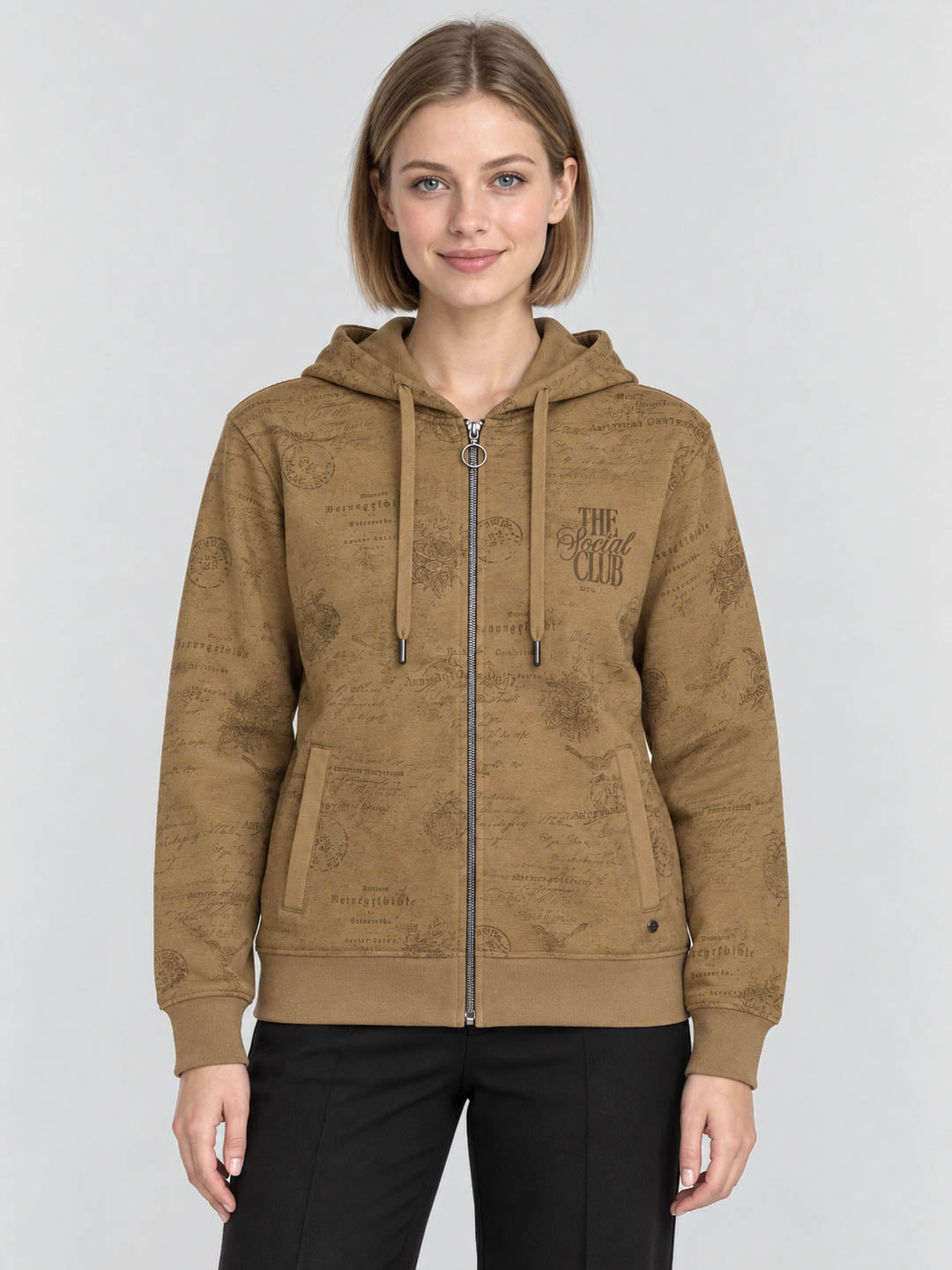 Women Brown Printed Hooded Full Sleeve Sweatshirt