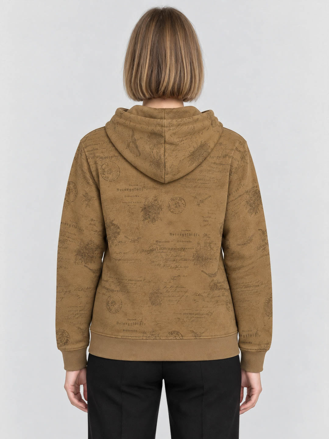 Women Brown Printed Hooded Full Sleeve Sweatshirt