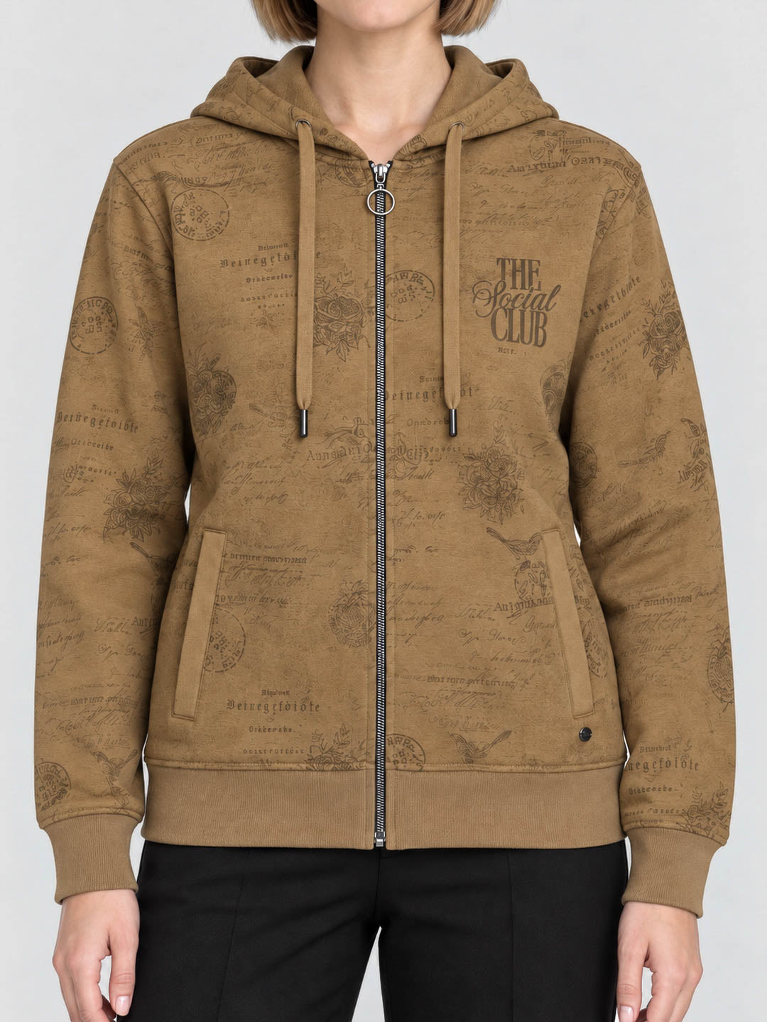 Women Brown Printed Hooded Full Sleeve Sweatshirt