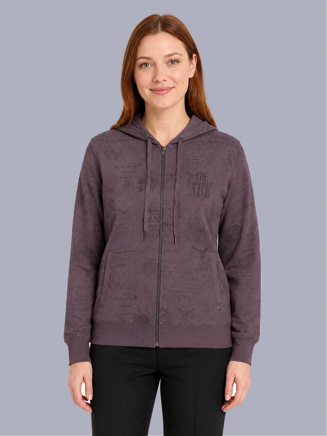 Women Mauve Printed Hooded Full Sleeve Sweatshirt