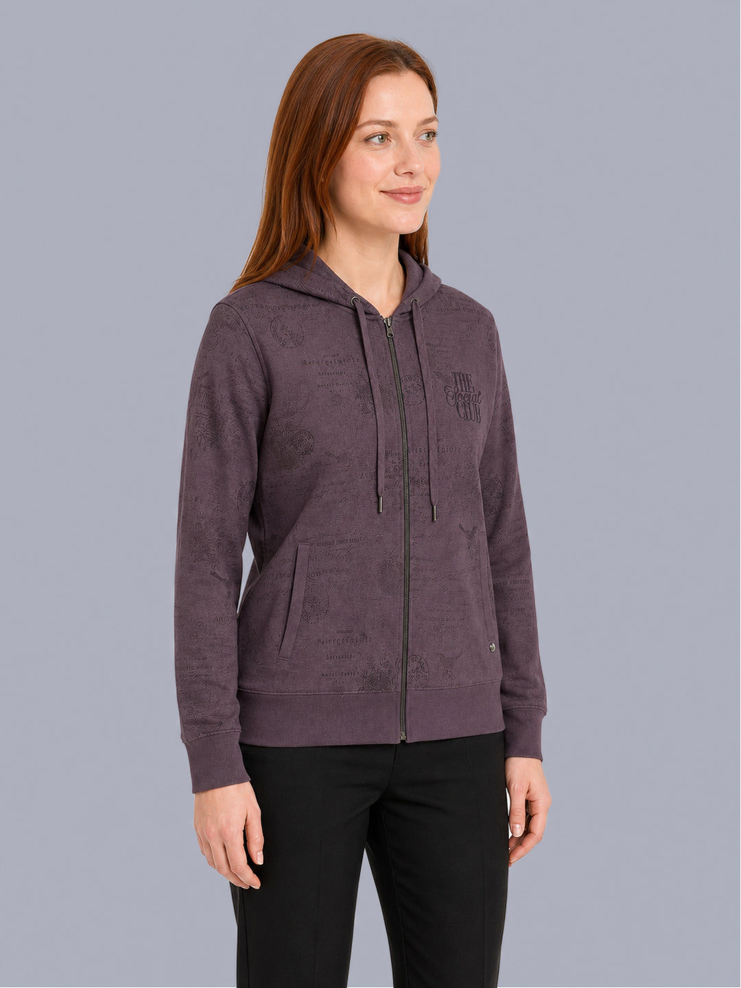 Women Mauve Printed Hooded Full Sleeve Sweatshirt
