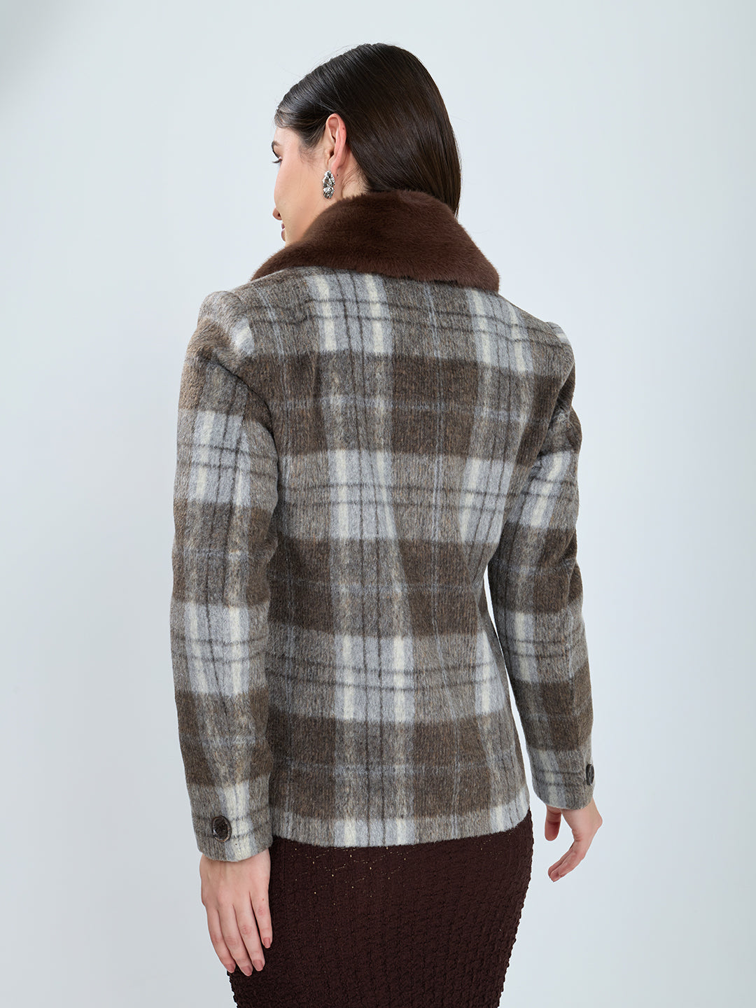 Women Brown Check Fur Collar Full Sleeve Coat