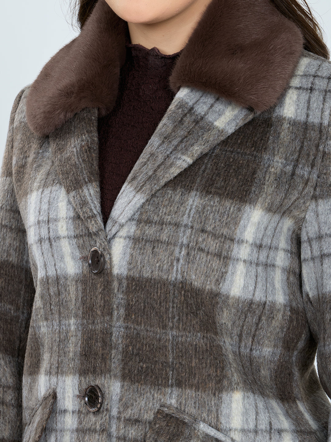 Women Brown Check Fur Collar Full Sleeve Coat