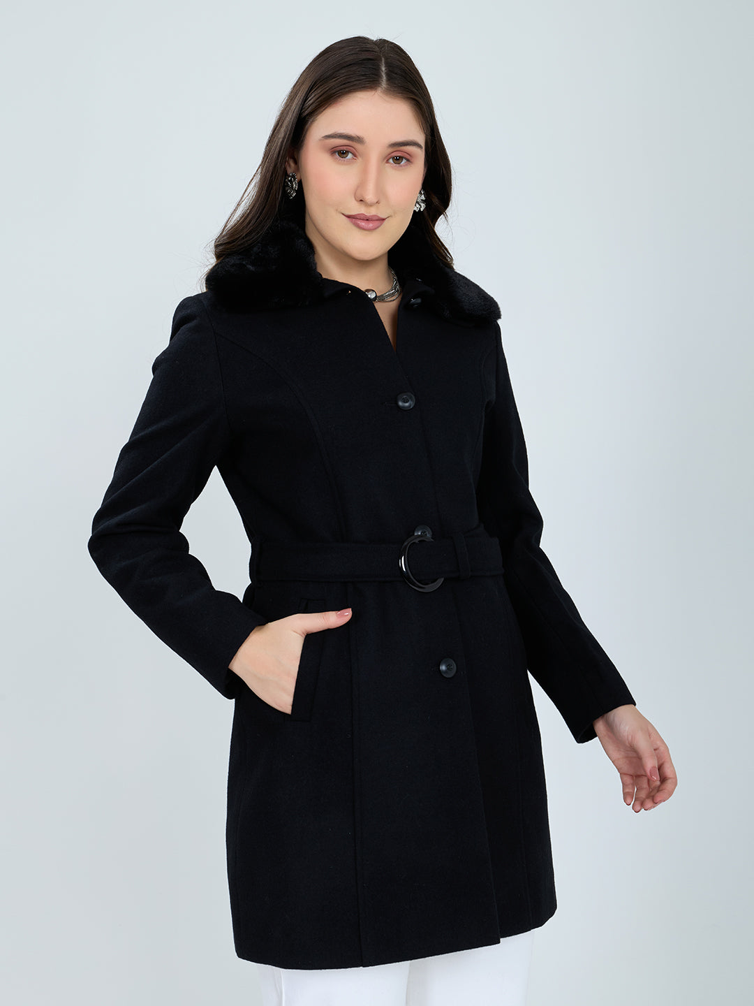 Women Black Solid Collar Full Sleeve Coat