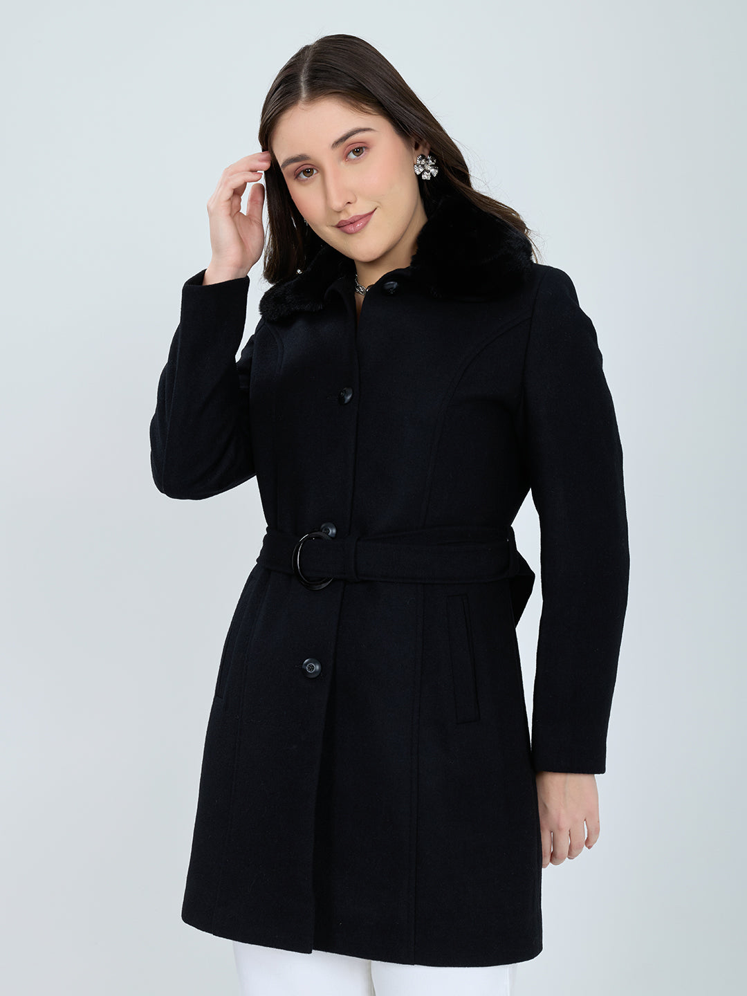 Women Black Solid Collar Full Sleeve Coat