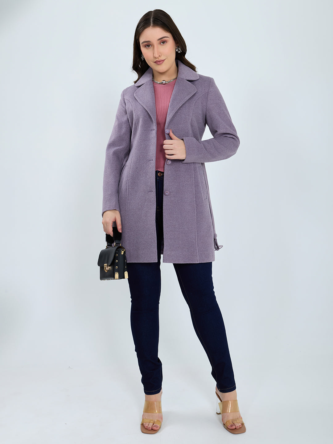 Women Purple Solid Lapel Collar Full Sleeve Long Coat