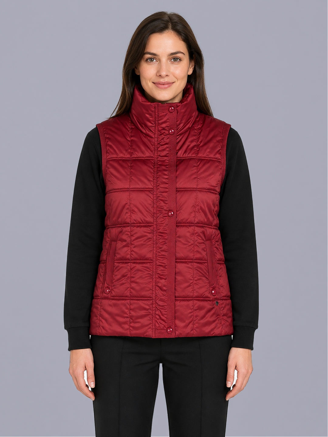 Women Maroon Solid Stand Collar Sleeveless Puffer Jacket