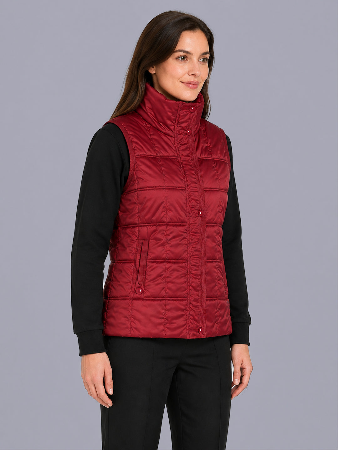 Women Maroon Solid Stand Collar Sleeveless Puffer Jacket