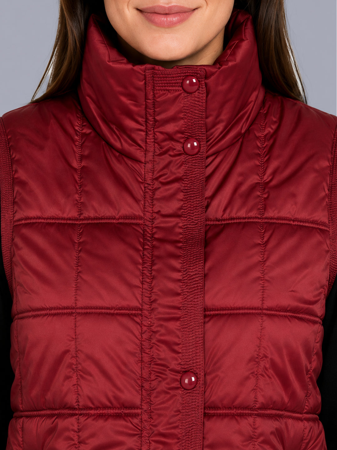 Women Maroon Solid Stand Collar Sleeveless Puffer Jacket