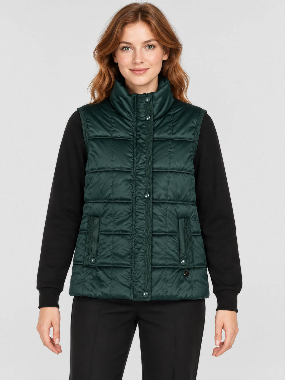 Women Green Solid Stand Collar Sleeveless Puffer Jacket
