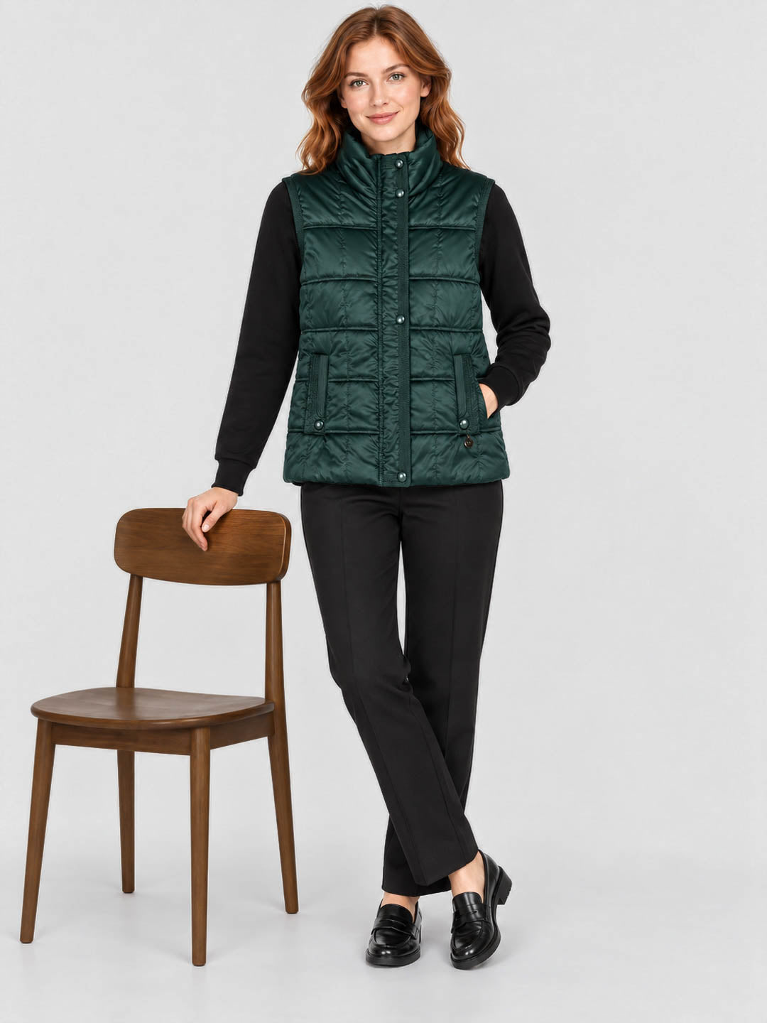 Women Green Solid Stand Collar Sleeveless Puffer Jacket