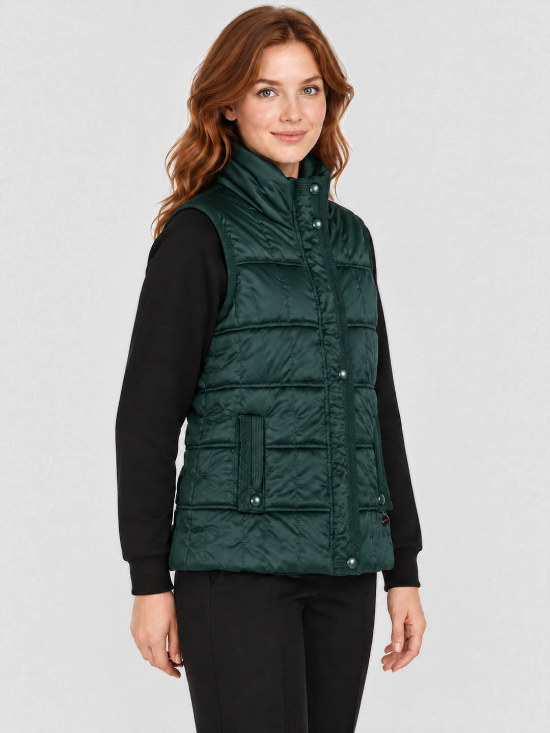 Women Green Solid Stand Collar Sleeveless Puffer Jacket