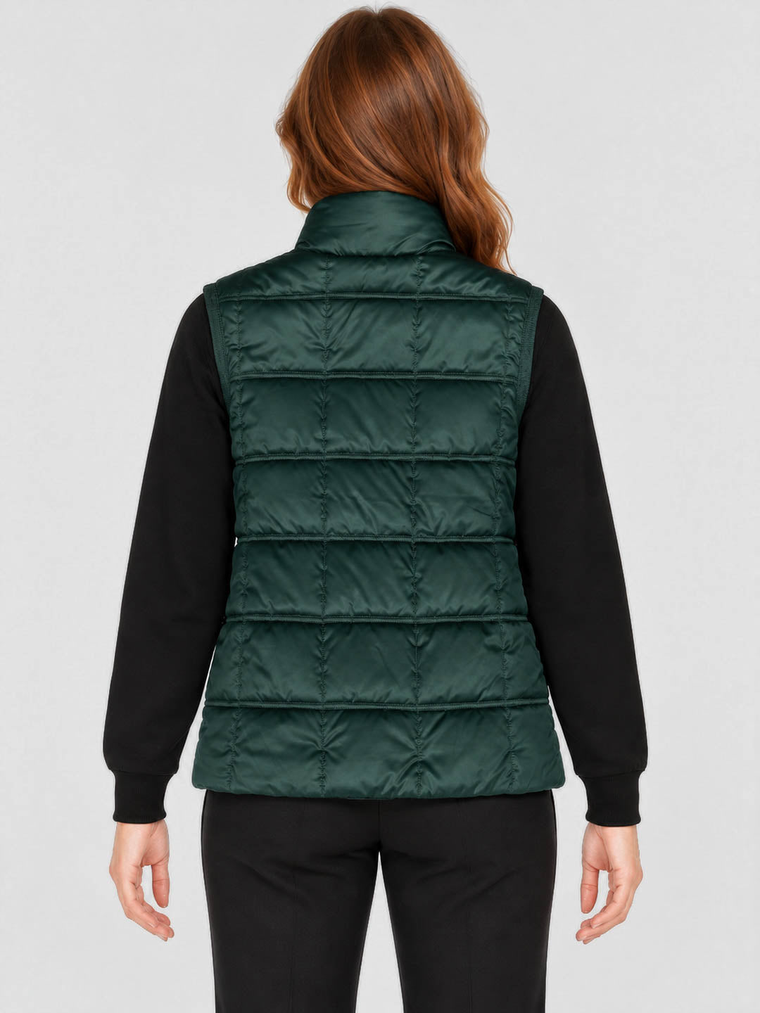 Women Green Solid Stand Collar Sleeveless Puffer Jacket