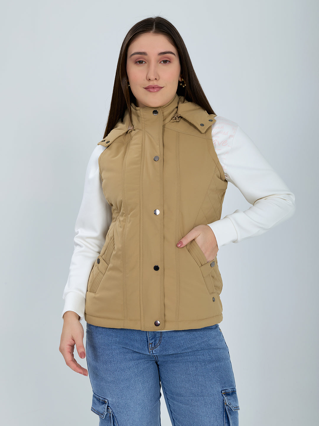 Women Khaki Solid Detachable Hood Sleeveless Jacket