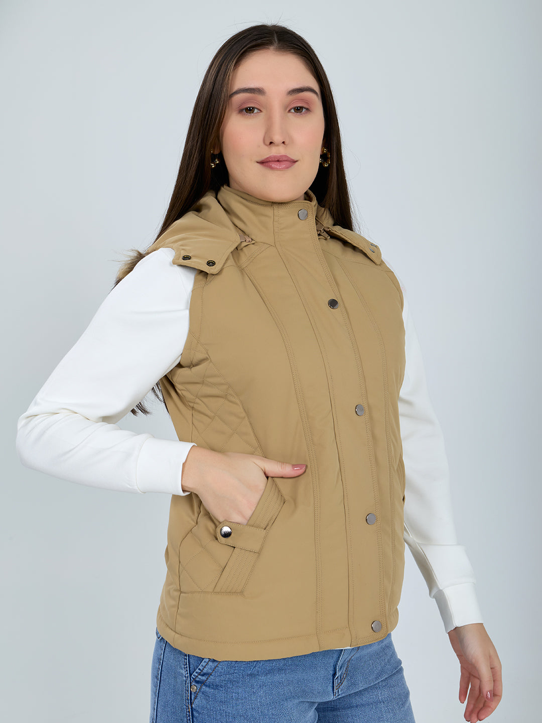 Women Khaki Solid Detachable Hood Sleeveless Jacket