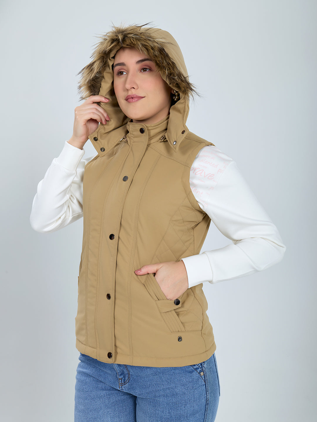 Women Khaki Solid Detachable Hood Sleeveless Jacket