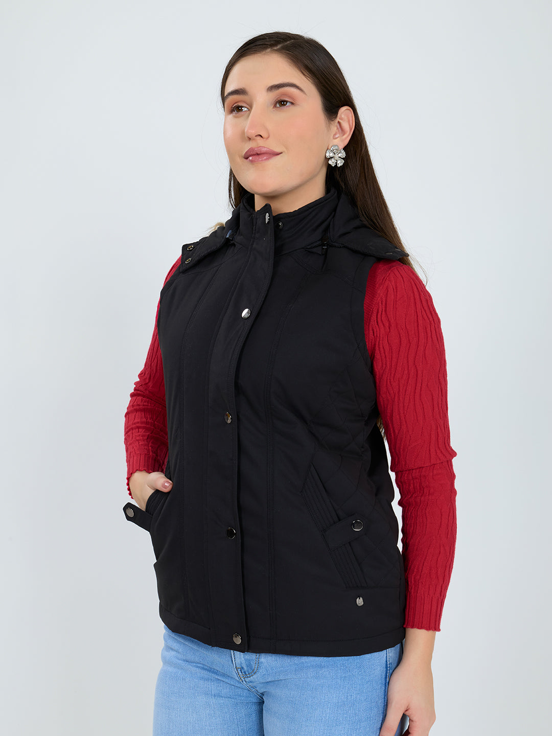 Women Black Solid Detachable Hood Sleeveless Jacket