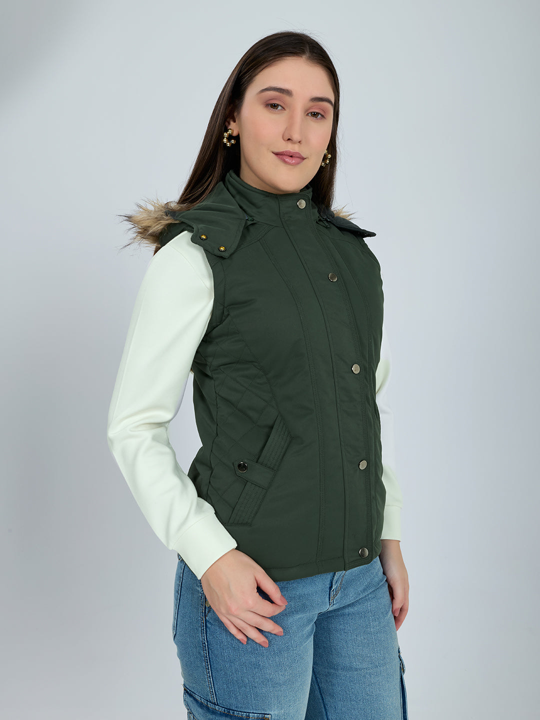 Women Green Solid Detachable Hood Sleeveless Jacket