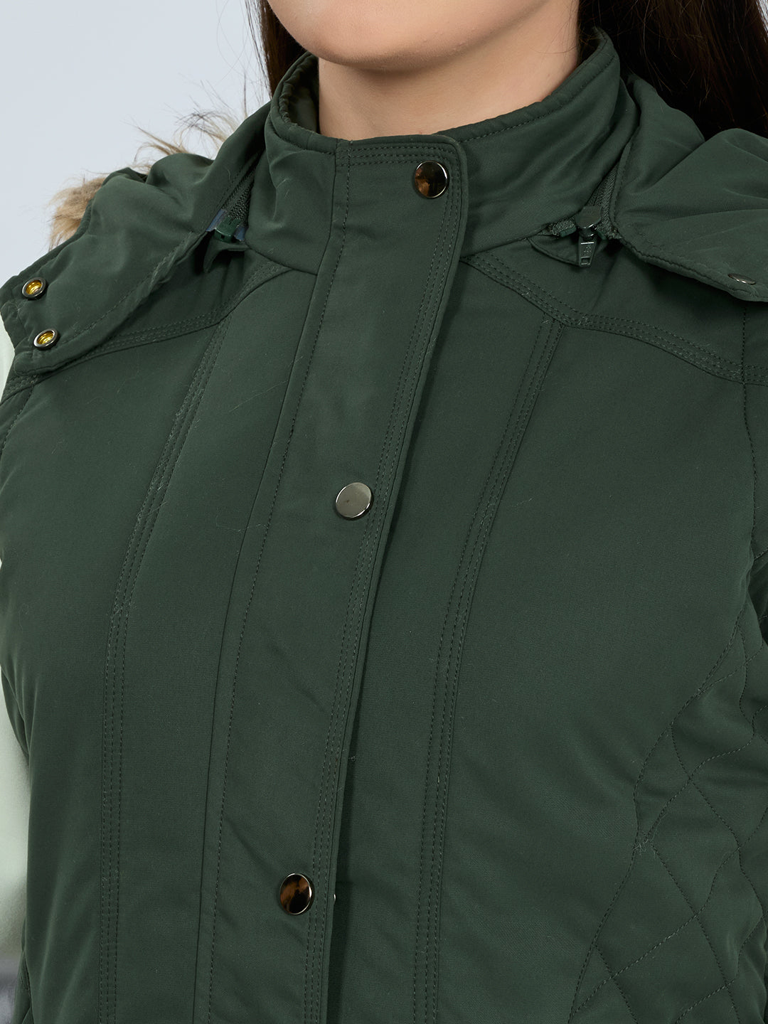 Women Green Solid Detachable Hood Sleeveless Jacket