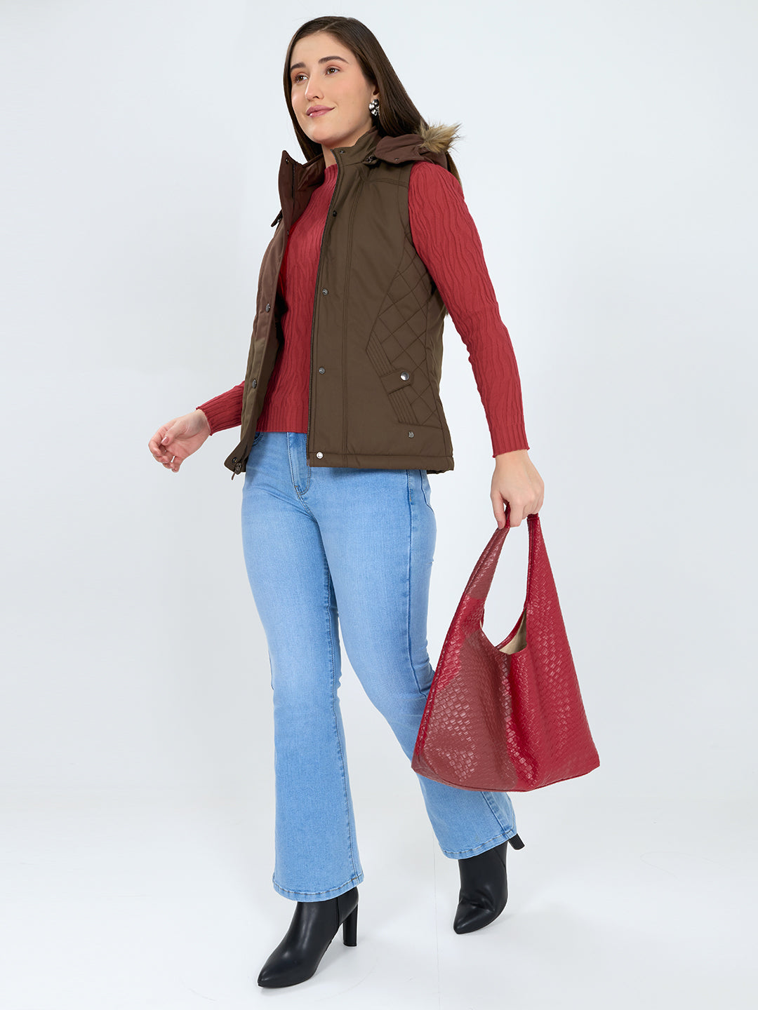 Women Brown Solid Detachable Hood Sleeveless Jacket