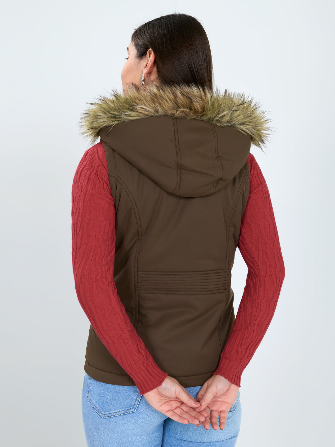 Women Brown Solid Detachable Hood Sleeveless Jacket