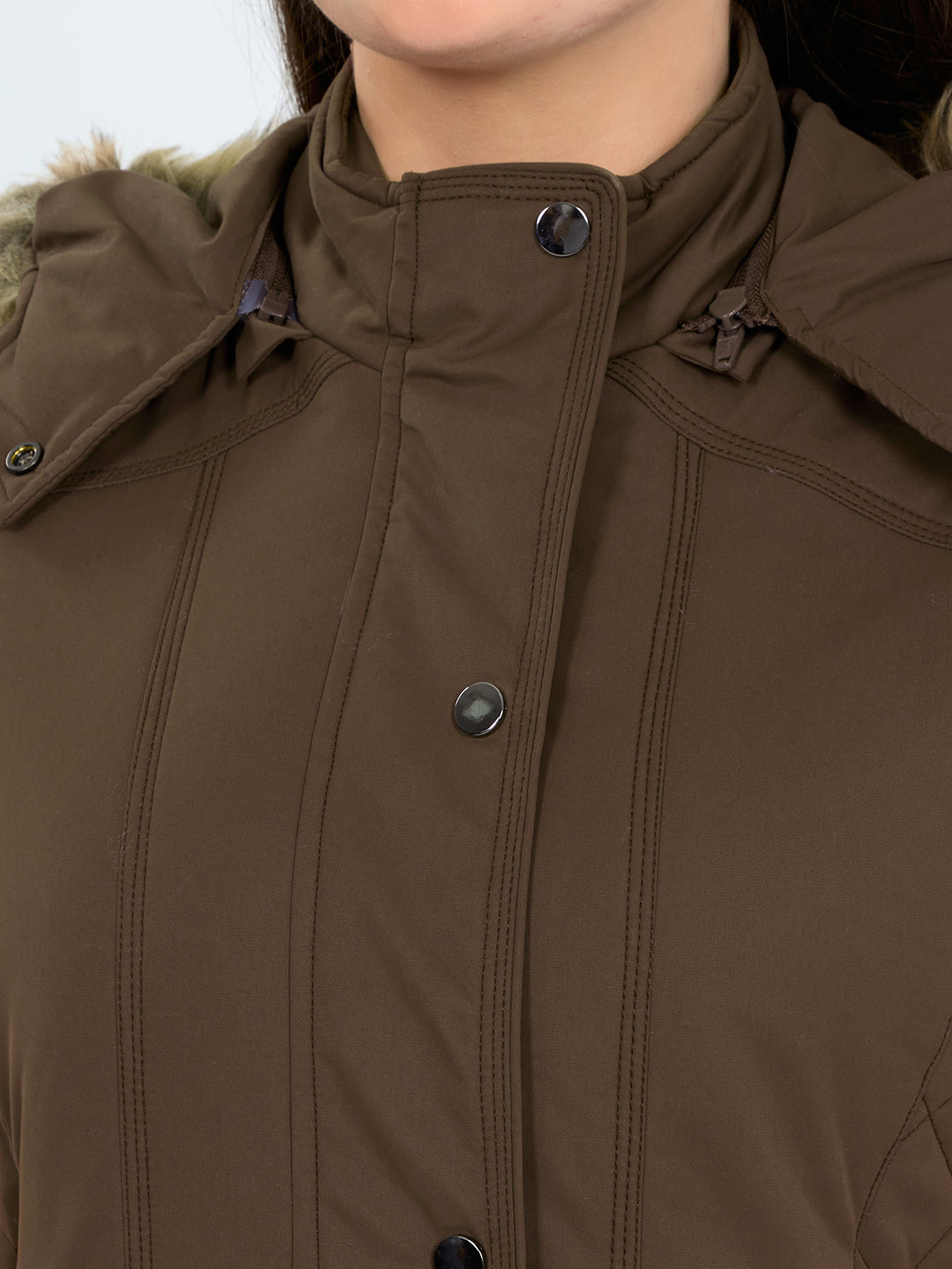 Women Brown Solid Detachable Hood Sleeveless Jacket