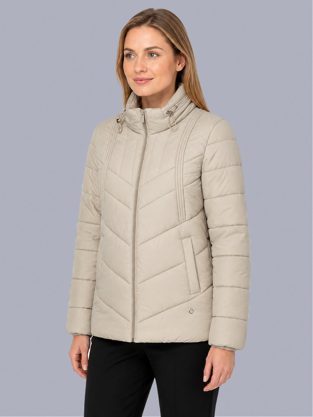 Women Beige Solid Stand Collar Full Sleeve Puffer Jacket
