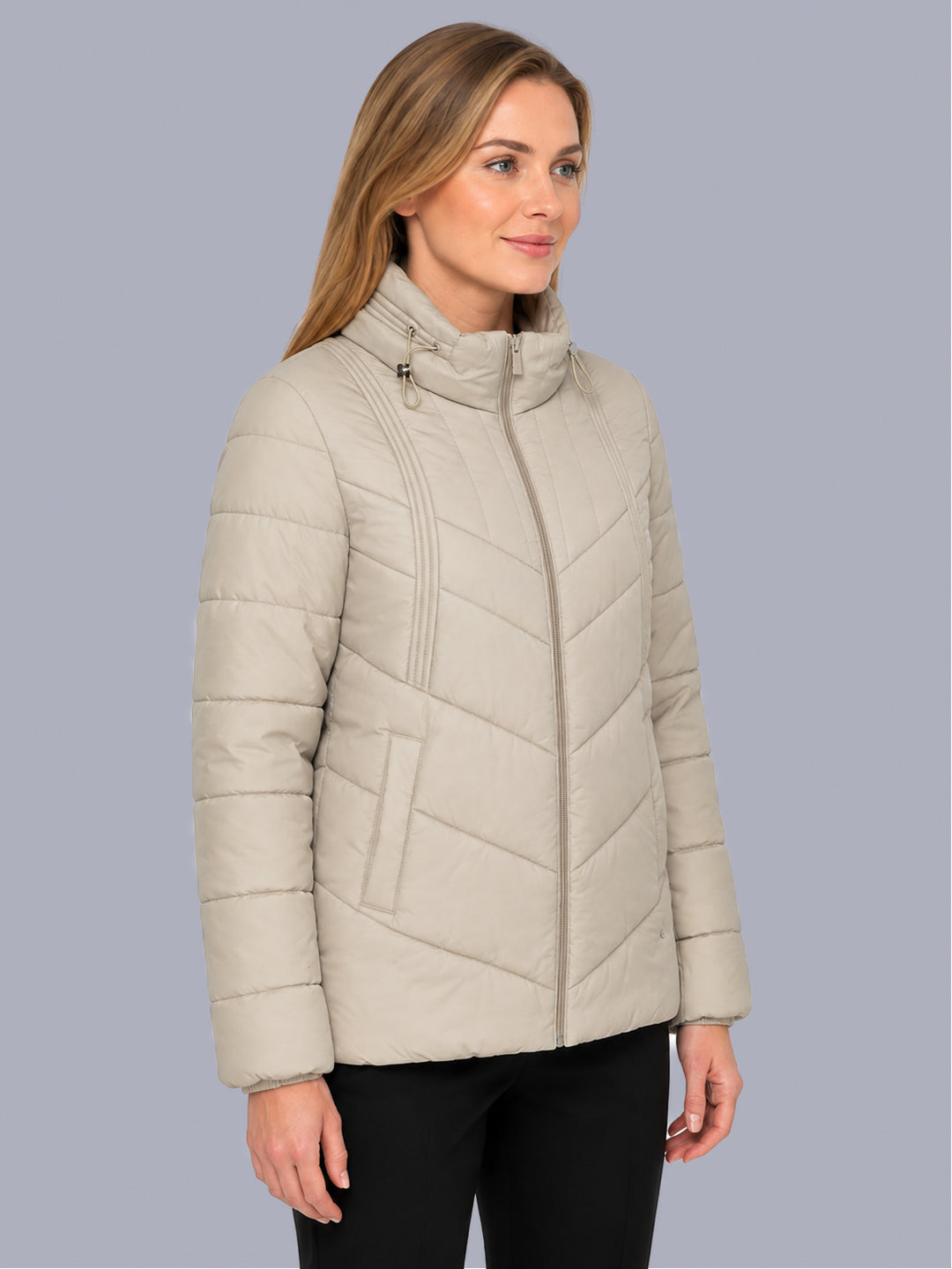 Women Beige Solid Stand Collar Full Sleeve Puffer Jacket