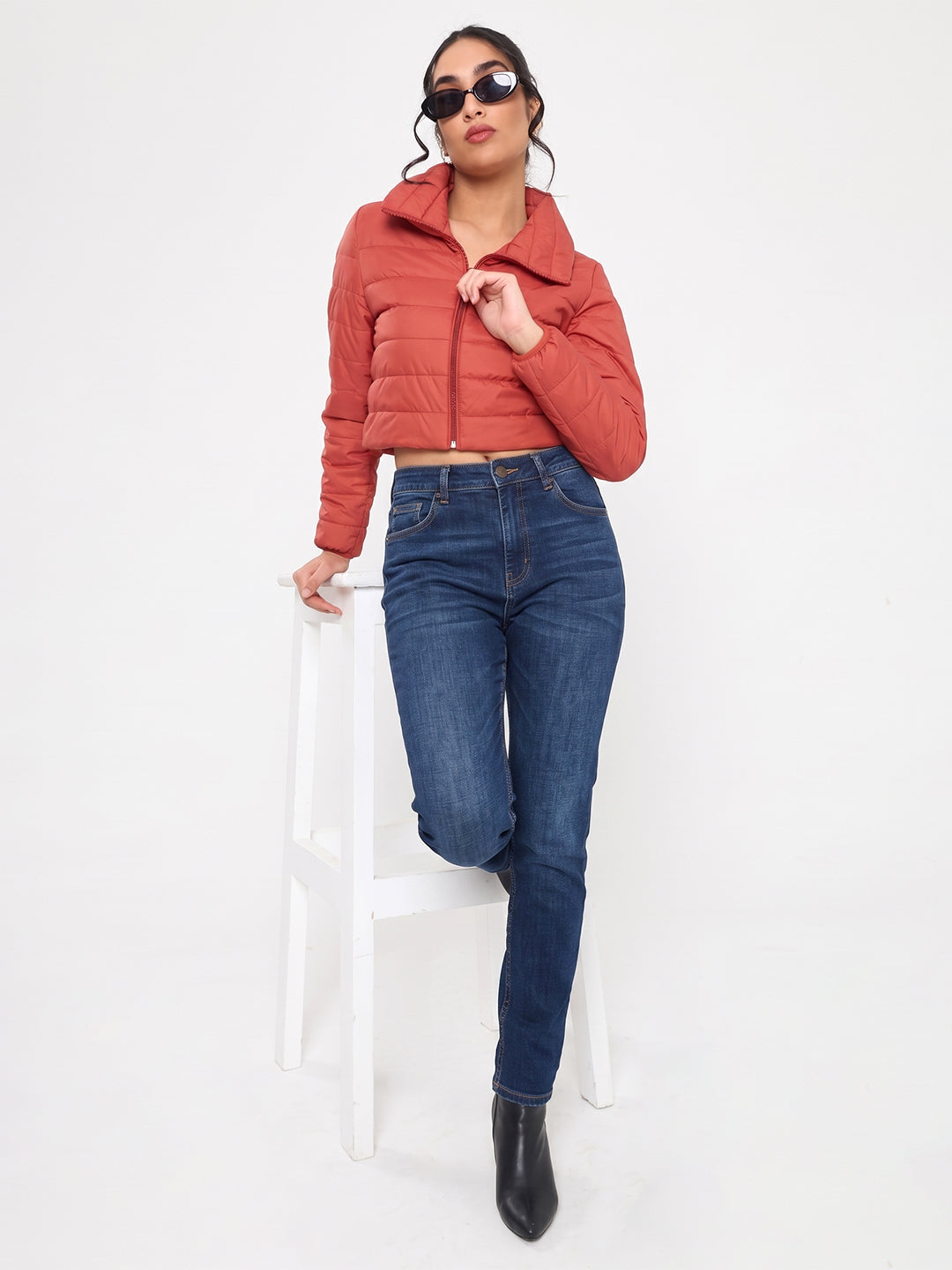 Women Rust Solid Collar Full Sleeve Puffer Crop Jacket