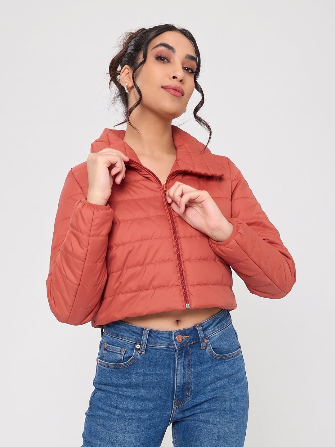 Women Rust Solid Collar Full Sleeve Puffer Crop Jacket