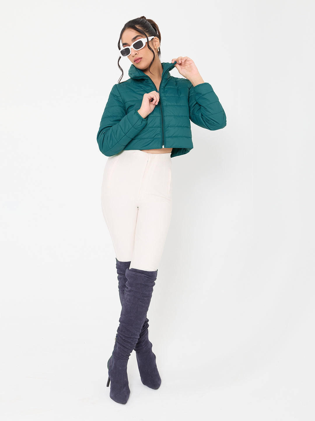Women Teal Blue Solid Collar Full Sleeve Puffer Crop Jacket