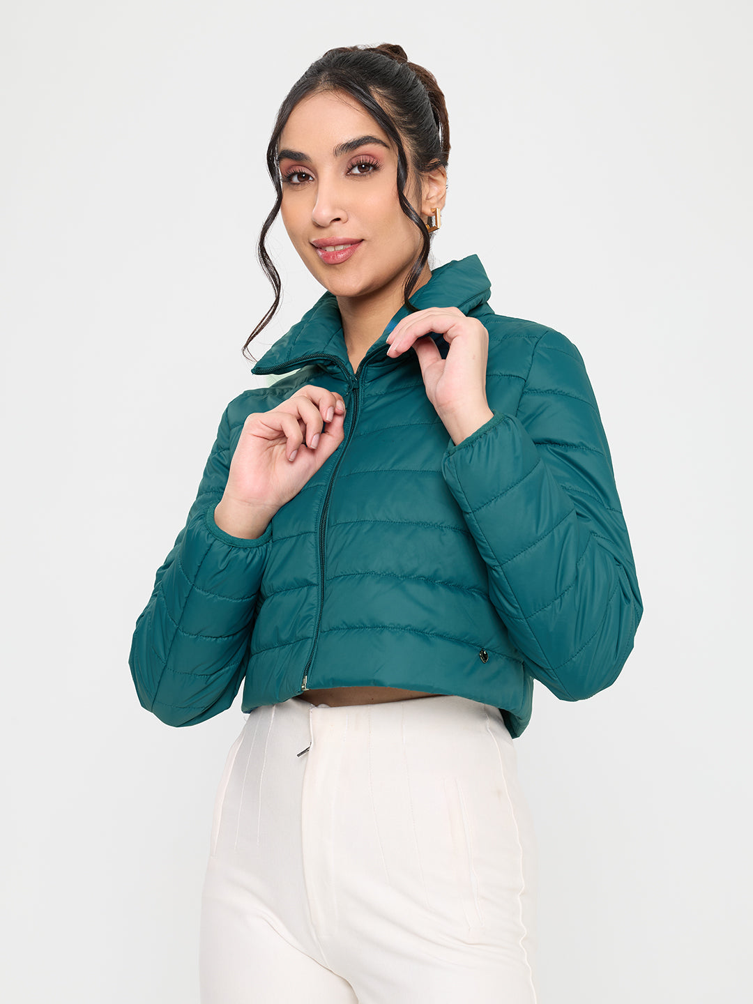 Women Teal Blue Solid Collar Full Sleeve Puffer Crop Jacket