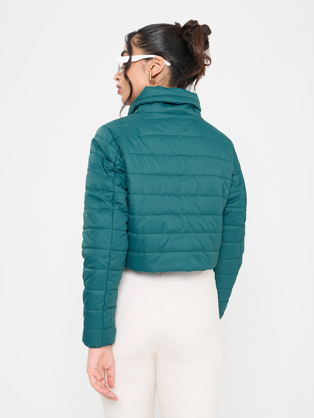 Women Teal Blue Solid Collar Full Sleeve Puffer Crop Jacket