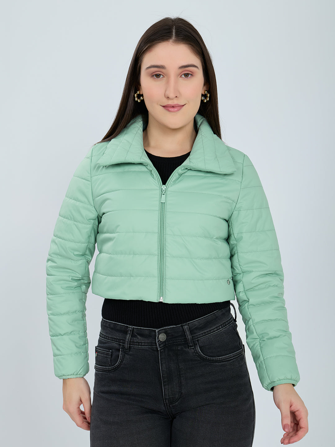 Women Light Green Solid Collar Full Sleeve Puffer Jacket