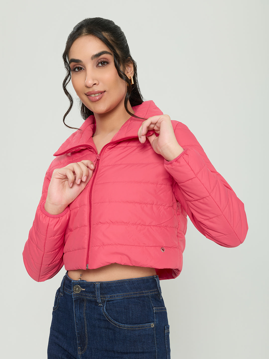 Women Pink Solid Collar Full Sleeve Puffer Crop Jacket